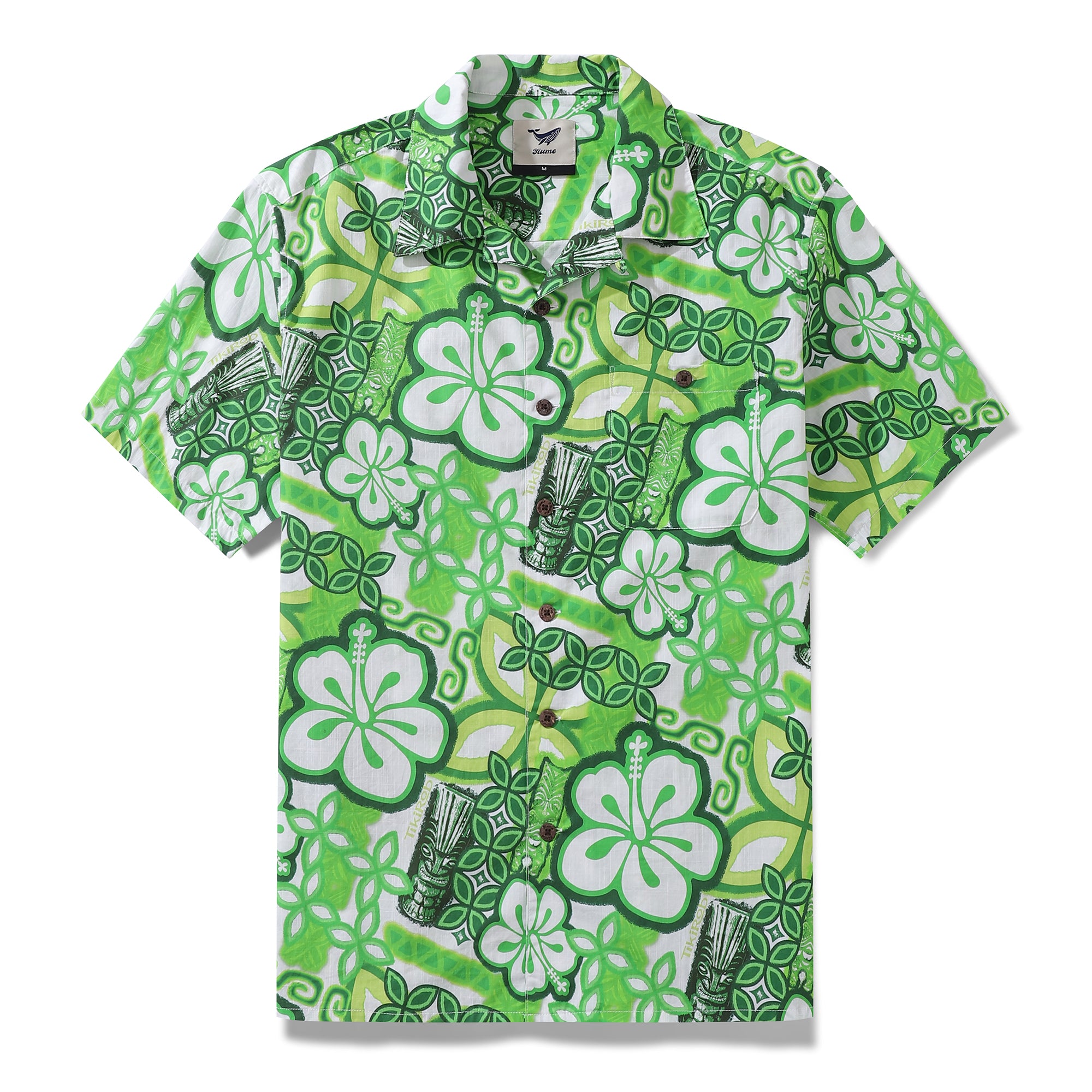 男性用アロハシャツ ティキロブ デザイナー シャツ トーテム 綿 100% - グリーン