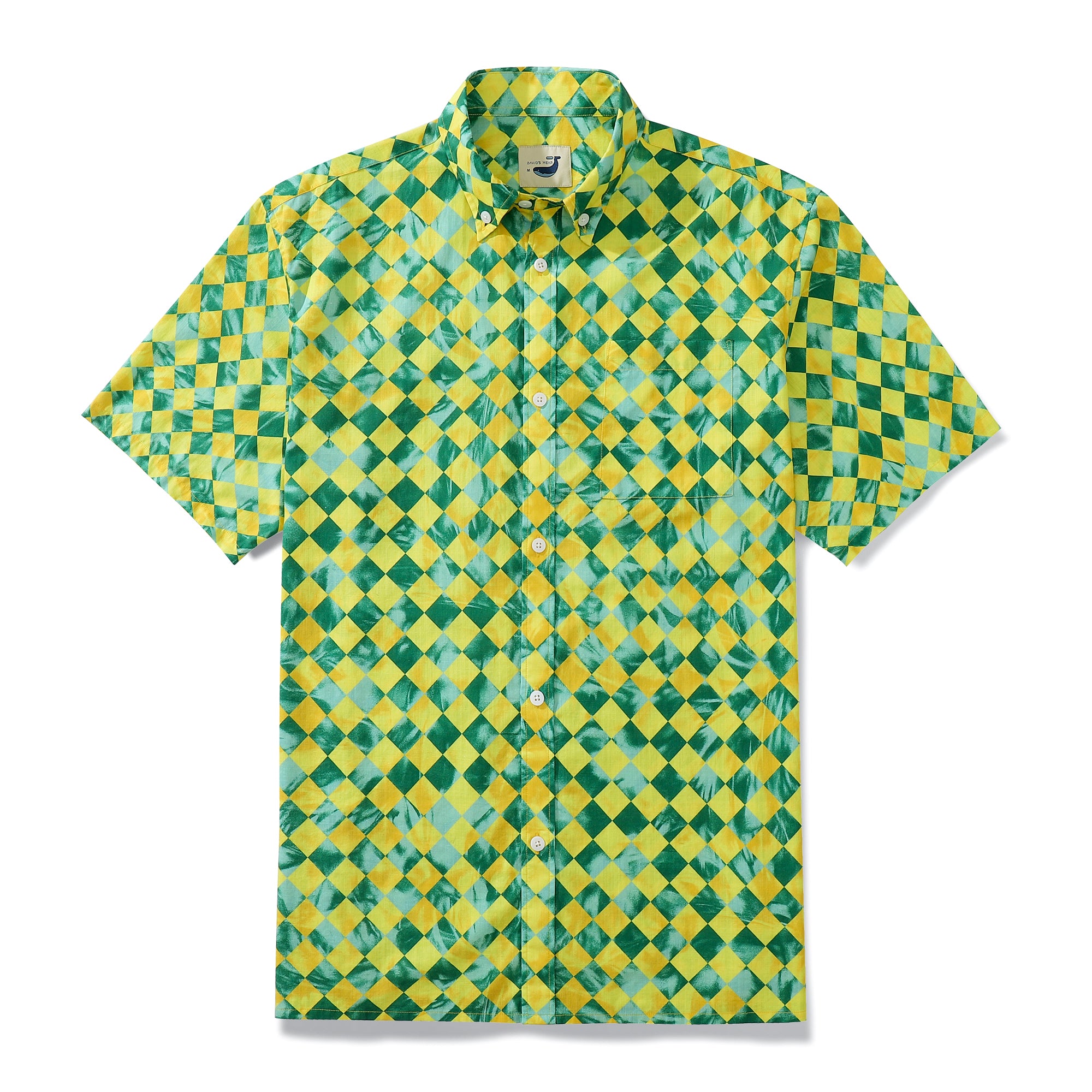 1970s Vintage Yellow-Green Rhombus Tropical Print 100% Cotton Men's Button-Down Shirt
