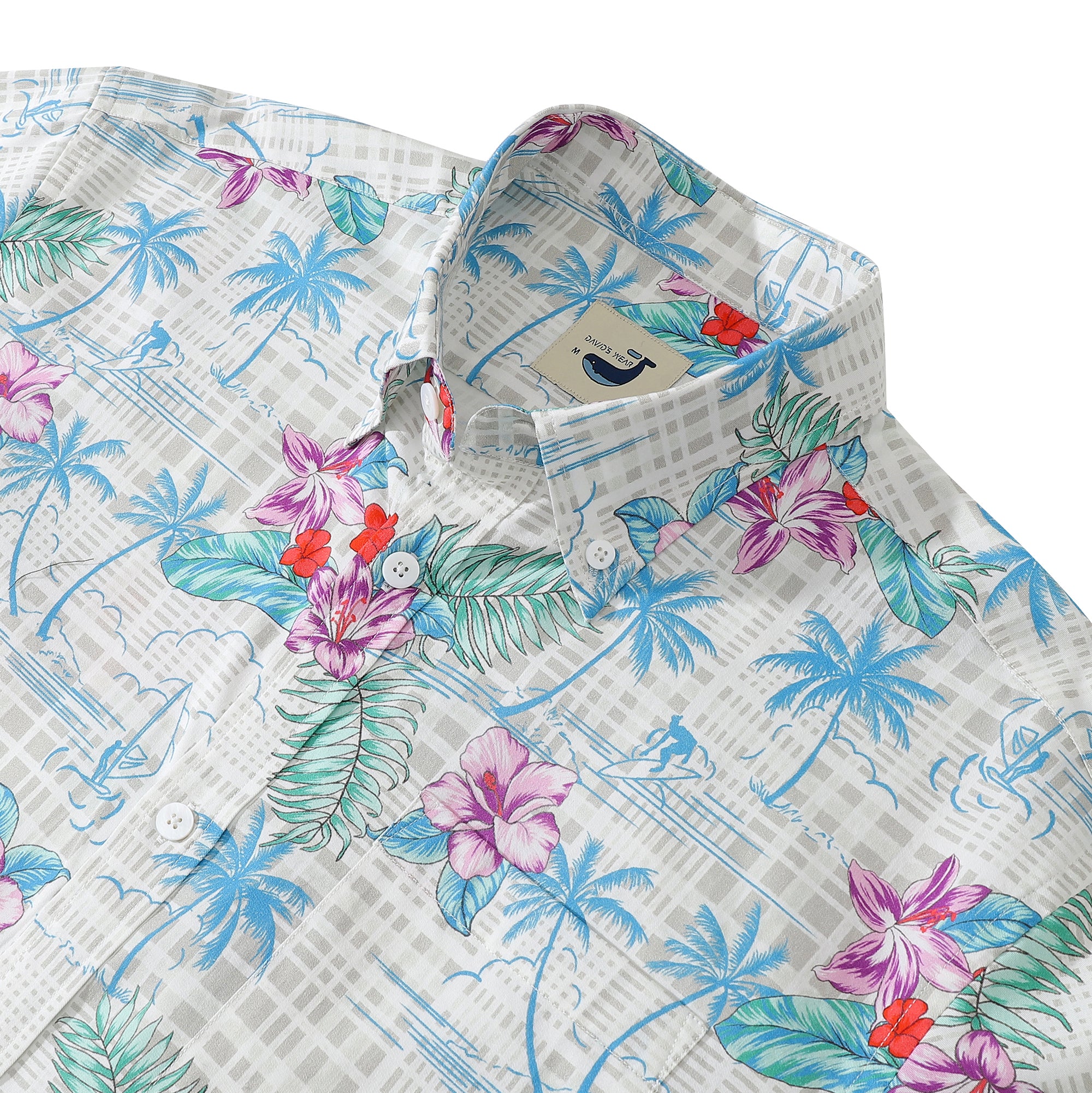 Men‘s Aloha Shirts Tropical Floral Cotton Plaid Shirt Button Down Collar Unusual Plaid Shirt