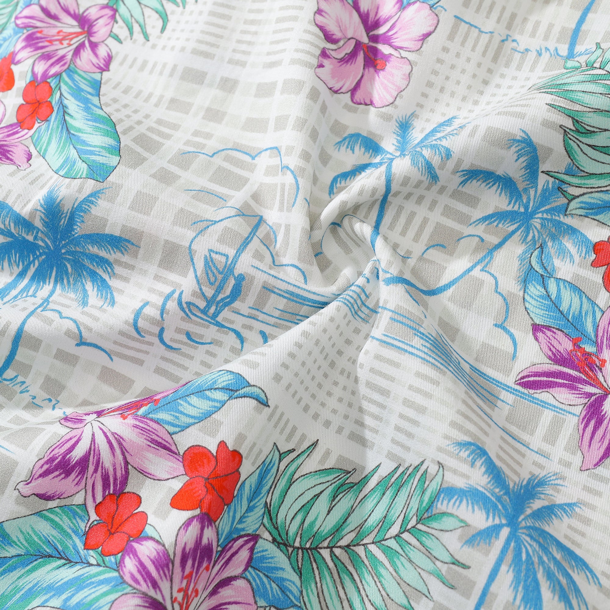 Men‘s Aloha Shirts Tropical Floral Cotton Plaid Shirt Button Down Collar