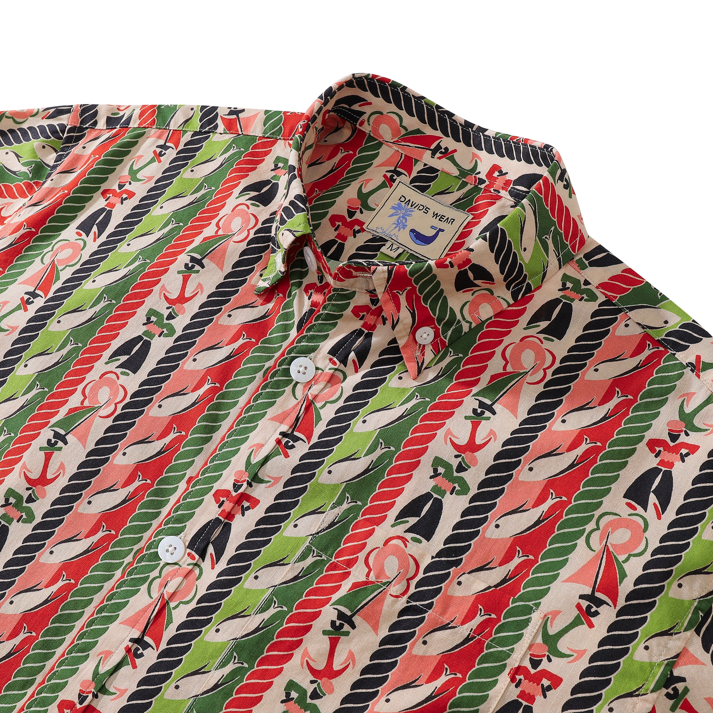 Hawaiian Shirt For Men Colorful Vertical Stripes Fish Mariner Tropical Cotton Shirt