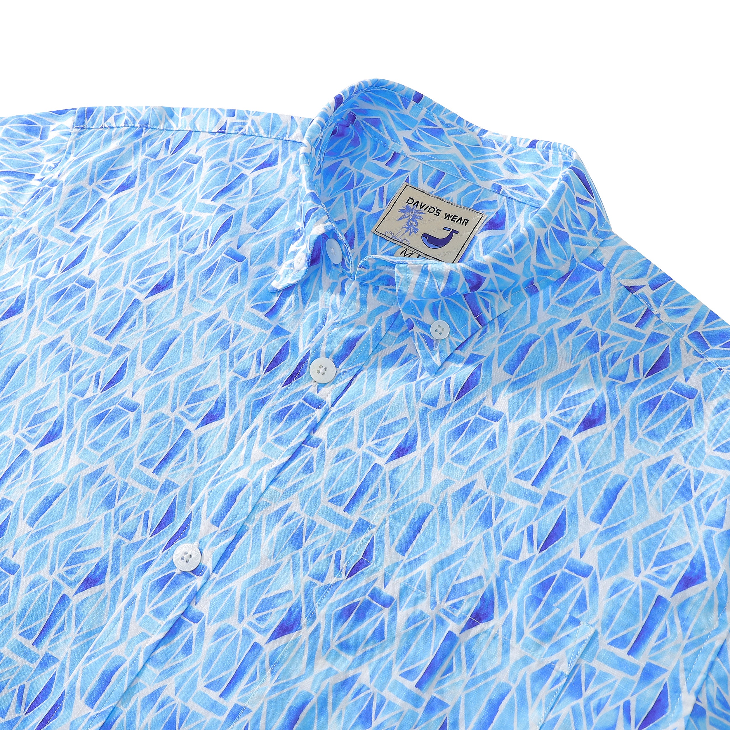 Men's Short Sleeve Shirt Men Hawaii Blue Geometry Print Cotton Button Down