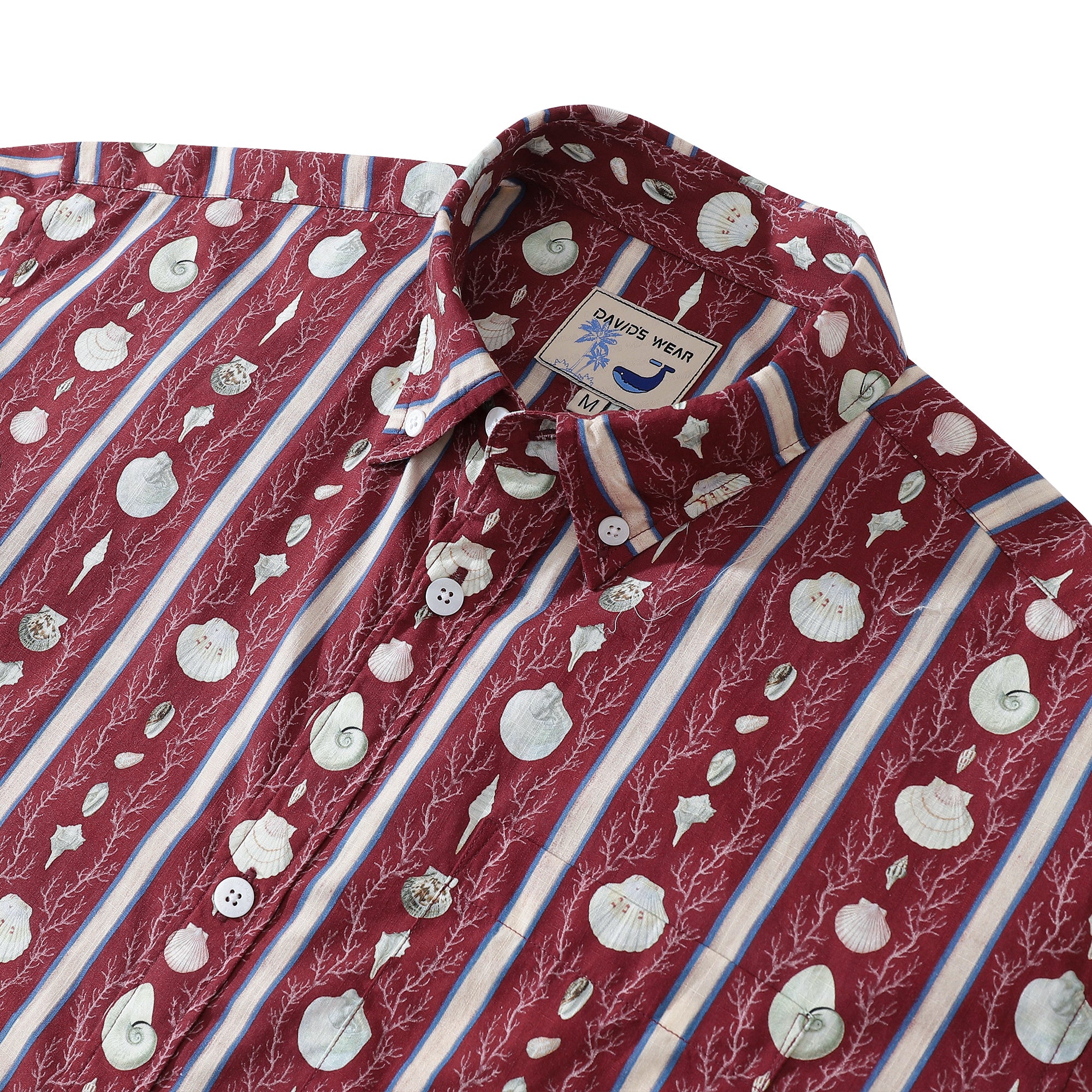 Hawaiian Shirt For Men Red Vintage Cotton Shirt Vertical Striped Shell Short Sleeve