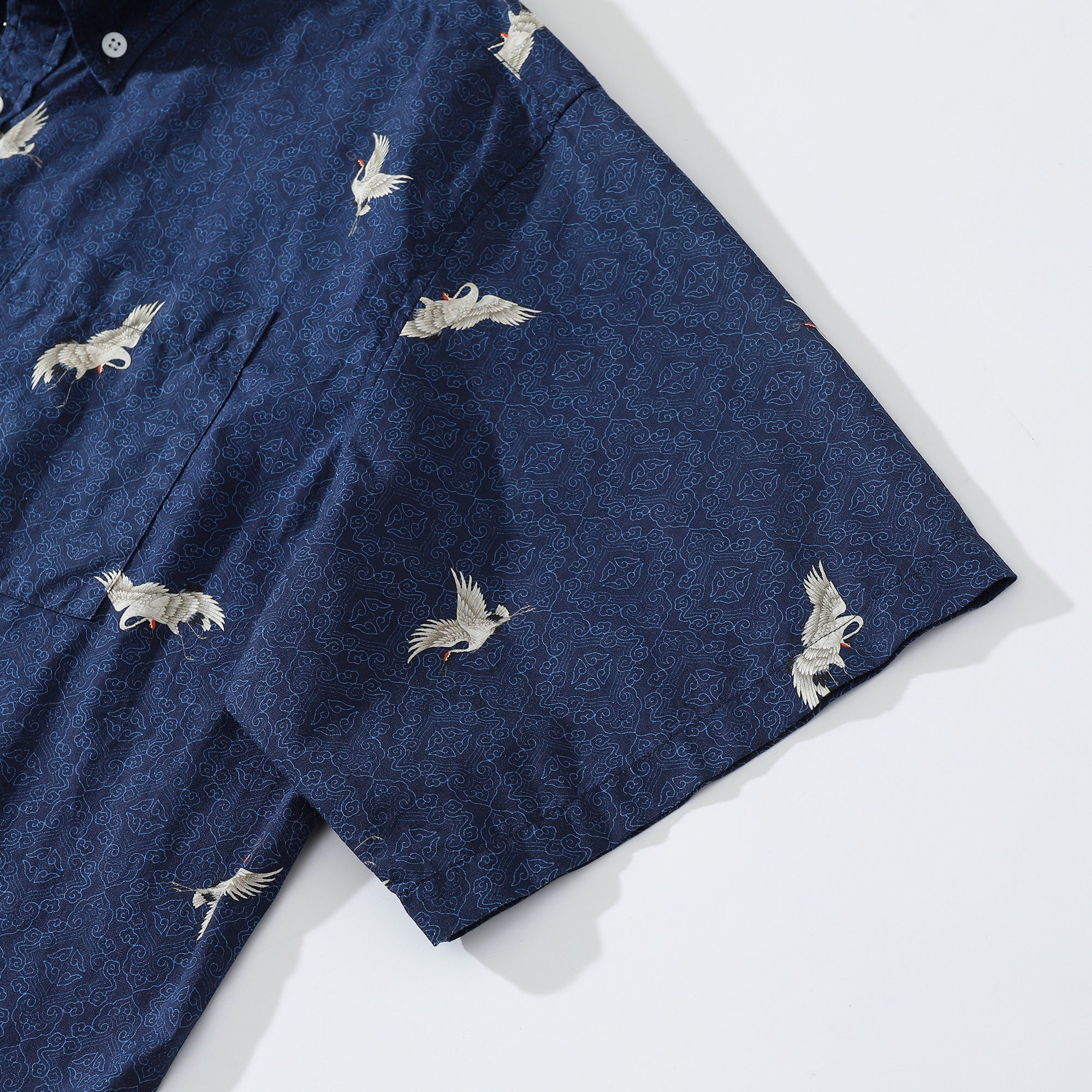 Hawaiian Shirt For Men Crane Print Short Sleeve Cotton Button Down - Blue