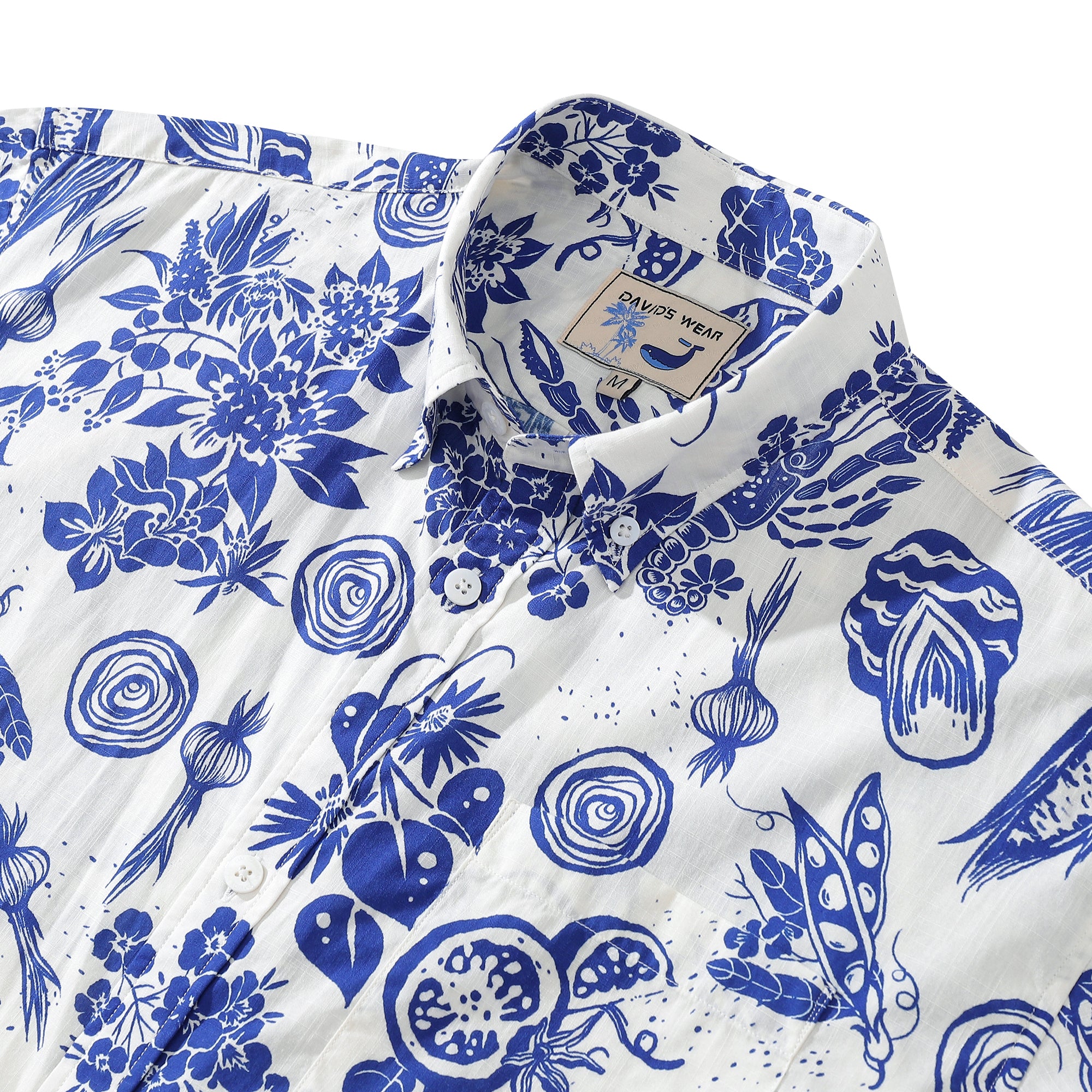 Hawaiian Shirt For Men Shrimp and Vegetable Blue and White Bicolor Print Short Sleeve Cotton Button Down