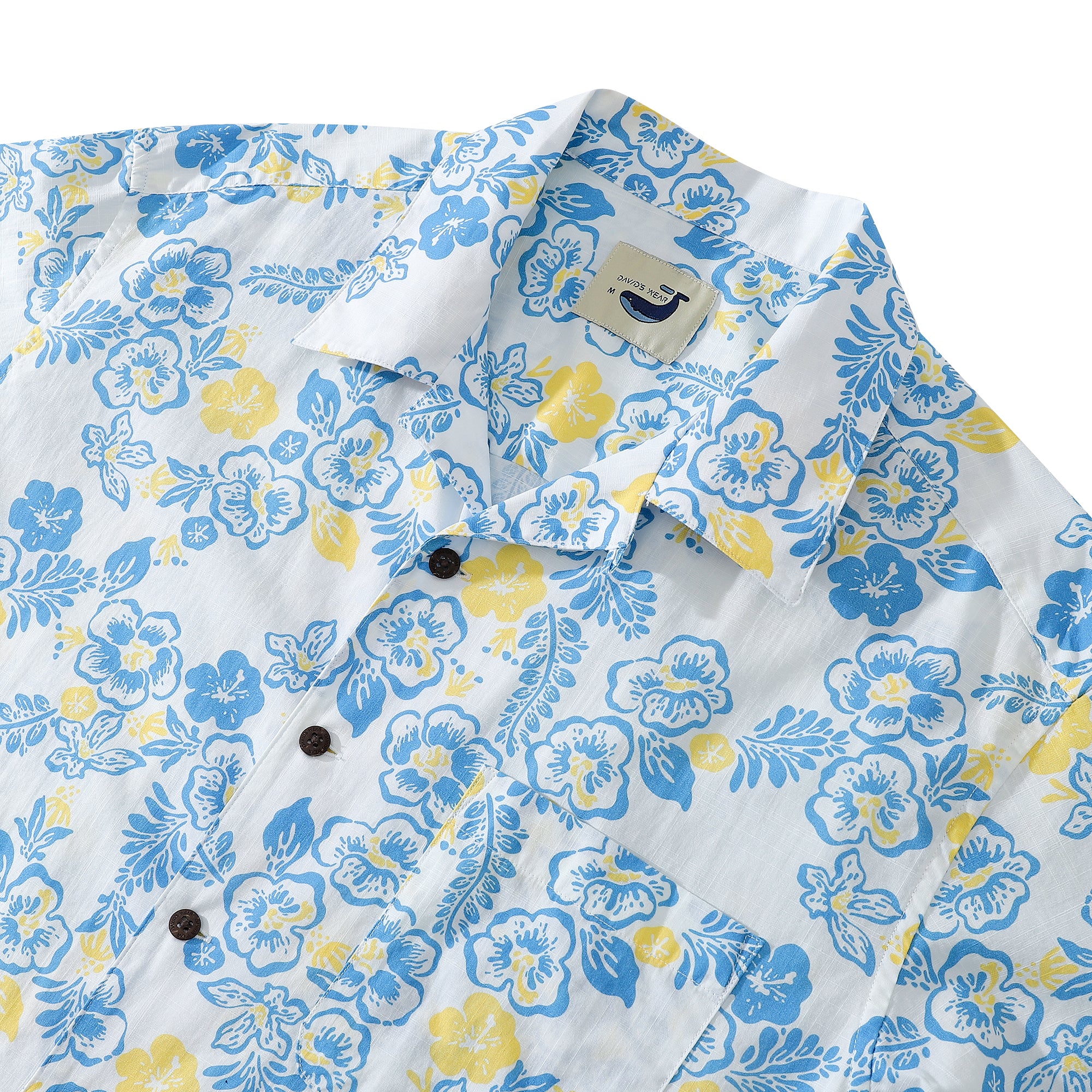 Lemon Yellow And Sky Blue Hibiscus Men's 100% Cotton Camp Shirts