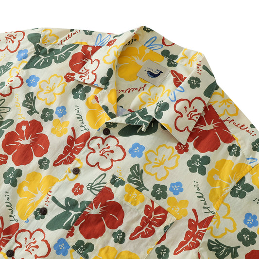 Colorful Flowers Childhood Men's Hawaiian Shirts Coconut Button 100% Cotton